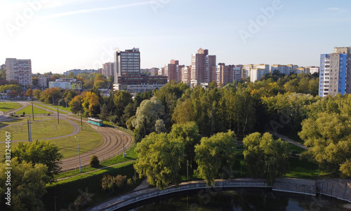 Top view of summer city park with trees. 01 October 2020, Minsk Belarus