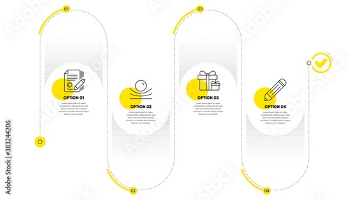 Surprise package, Elastic material and Copywriting line icons set. Timeline process infograph. Pencil sign. Present boxes, Resilience, Ð¡opyright signature. Edit data. Business set. Vector