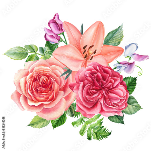 Wallpaper Mural Greeting card with flowers. roses, lilies, anemones, sweet peas, green leaves watercolor drawings. Torontodigital.ca