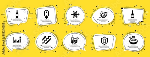 Business icons set. Speech bubble offer banners. Yellow coupon badge. Included icon as Scroll down, Frying pan, Efficacy signs. Stairs, Air conditioning, Leaf symbols. Vector