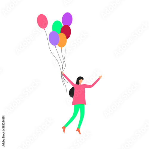 Woman with air balloons. Vector cartoon illustration. Flat design.