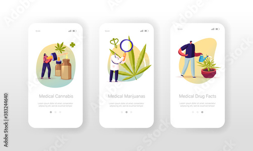 Medical Cannabis Mobile App Page Onboard Screen Template. Tiny Scientists Growing and Preparing Medicine of Marijuana