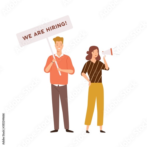 Male and female HR managers announce vacancy, carry placard with inscription we are hiring and talk to megaphone vector flat illustration. Head hunting, recruitment or searching employee isolated