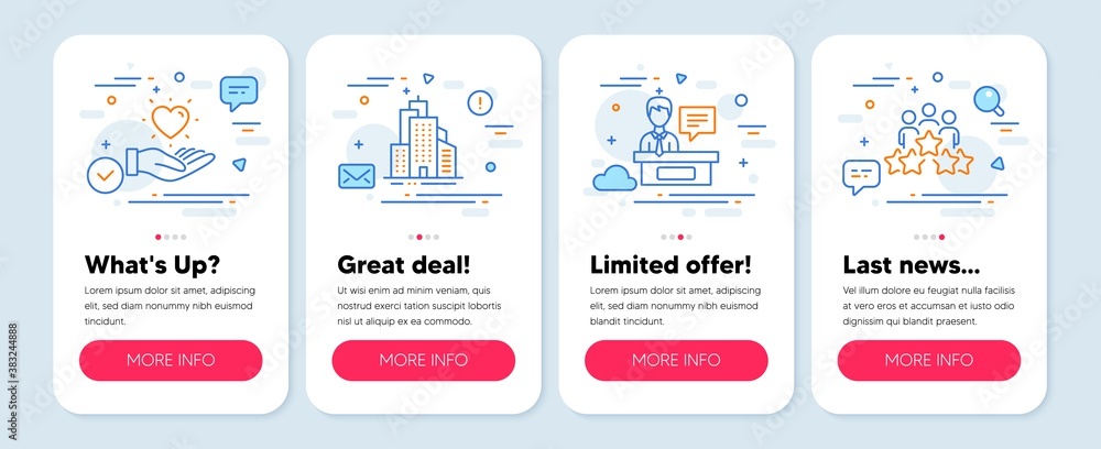 Set of Business icons, such as Exhibitors, Hold heart, Skyscraper buildings symbols. Mobile screen app banners. Business meeting line icons. Information desk, Love brand, Town architecture. Vector Set of Business icons, such as Exhibitors, Hold heart, Skyscraper buildings symbols. Mobile screen app banners. Business meeting line icons. Information desk, Love brand, Town architecture. Vector