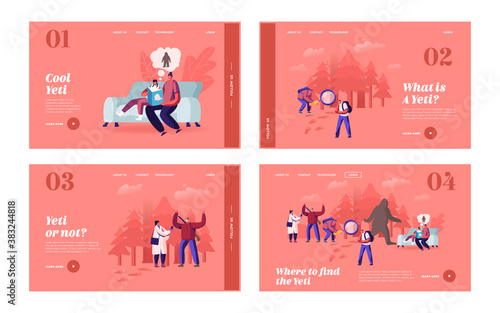 People Search Yeti Landing Page Template Set. Reading Fairy Tales about Bigfoot, Shaggy Beast Covered with Long Hair