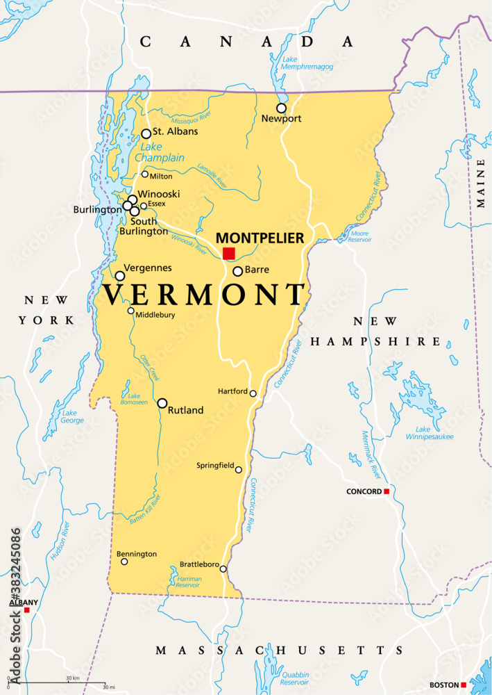 Vermont, VT, political map with capital Montpelier, borders, cities 