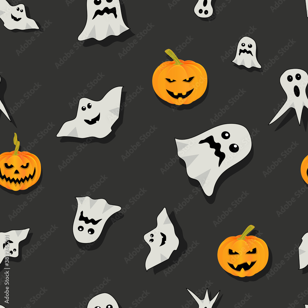 Halloween seamless pattern with smiling pumpkins and ghosts. vector illustration