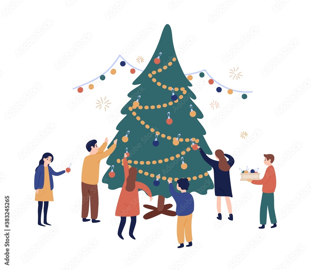 Fototapeta premium Group of friends decorating Christmas tree together vector flat illustration. Happy men and women hanging toys and garland on fir isolated on white. People during Xmas or New Year holiday preparation