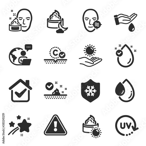 Set of Beauty icons, such as Skin care, Wash hands, Uv protection symbols. Sun protection, Sun cream, Collagen skin signs. Night cream, Vitamin e, Oil drop flat icons. Flat icons set. Vector