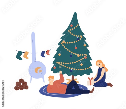 Couple spending time together at Xmas eve vector flat illustration. Woman ope...