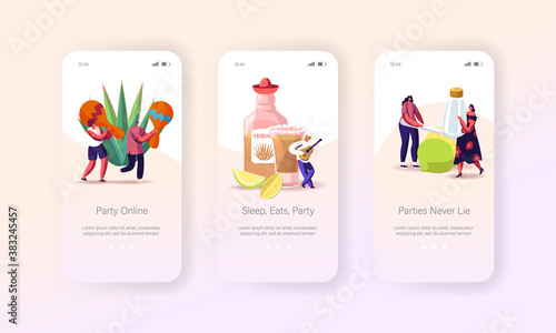People Drinking Tequila on Party Mobile App Page Onboard Screen Template. Tiny Characters with Maracas, Salt and Lime