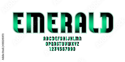 Emerald technical font, digital modern alphabet, letters and numbers, vector illustration 10EPS