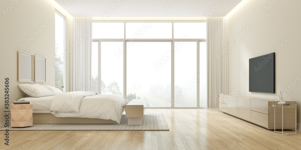 3D rendering of modern bedroom with TV screen on nature background.
3D rendering of modern bedroom with TV screen on nature background.