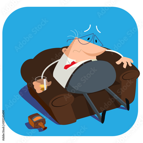 Depressed cartoon businessman holding a glass of alcohol sitting in the armchair.