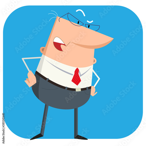 Surprised cartoon businessman looking out and smiling.