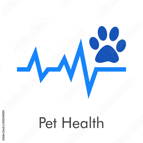 Asistencia sanitaria para mascotas. Logotipo zarpa de gato con pulso cardíaco en color azul