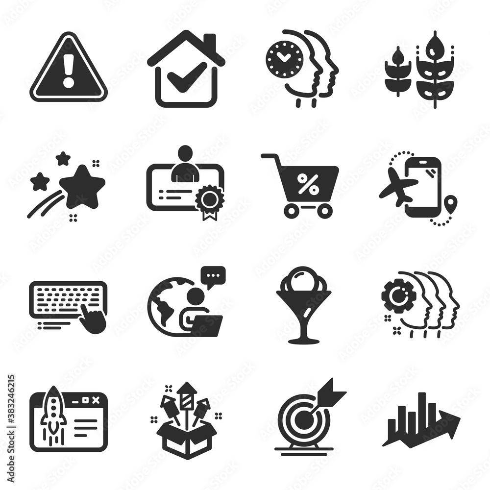Set of Business icons, such as Employees teamwork, Flights application, Certificate symbols. Gluten free, Growth chart, Ice cream signs. Start business, Time management, Fireworks rocket. Vector