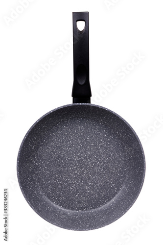 Black non-stick frying pan, isolated on white background.