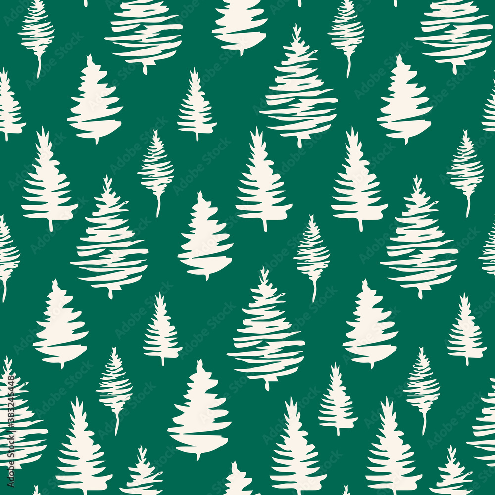 Green fir tree vector seamless pattern for winter holiday design. Hand drawn vector endless illustration for fabric and sublimation print design