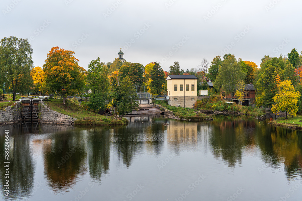 Colorful autumn view of the stromsholms canal in Sweden