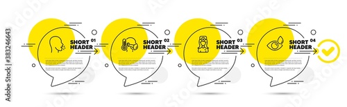 Sick man, Oculist doctor and Cough line icons set. Timeline infograph speech bubbles. Eye drops sign. Epidemic protection, Optometrist, Coronavirus symptom. Check vision. Medical set. Vector