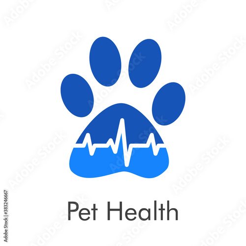 Asistencia sanitaria para mascotas. Logotipo zarpa de gato con pulso cardíaco en color azul