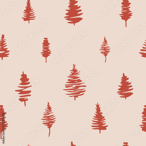 Red Christmas trees seamless patterns. Green forest with pine trees, hand drawn vector endless illustration for fabric and sublimation print design