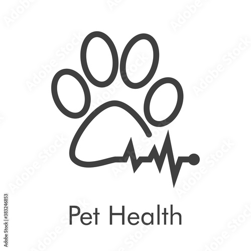 Asistencia sanitaria para mascotas. Logotipo lineal zarpa de gato con pulso cardíaco en color gris