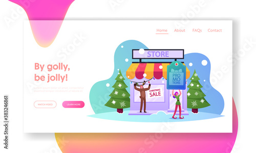 Christmas Characters Promotion Advertising, Price Off Landing Page Template. Elf and Reindeer Call Customers at Store