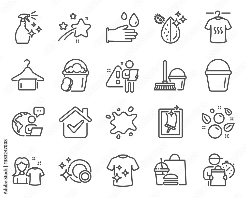Cleaning icons set. Included icon as Bucket, Dirty spot, Window cleaning signs. Clean bubbles, Sponge, Clean shirt symbols. Dry t-shirt, Washing cleanser, Dirty water. Rubber gloves. Vector Cleaning icons set. Included icon as Bucket, Dirty spot, Window cleaning signs. Clean bubbles, Sponge, Clean shirt symbols. Dry t-shirt, Washing cleanser, Dirty water. Rubber gloves. Vector