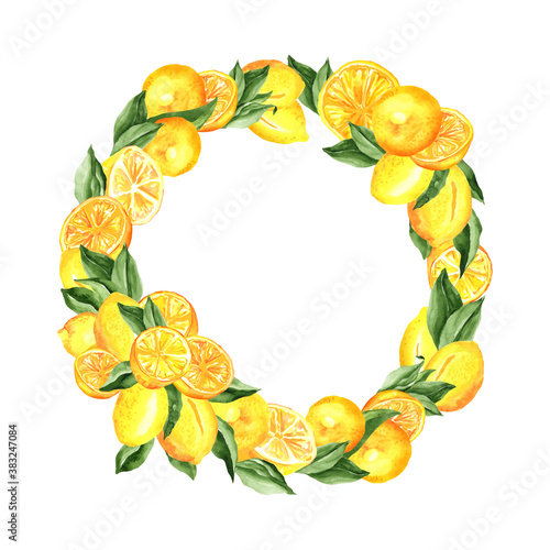 Lemons Wreath. Watercolor Composition with lemons and leaves, arrangement design isolated on white. For menu design, cocktail party decorations