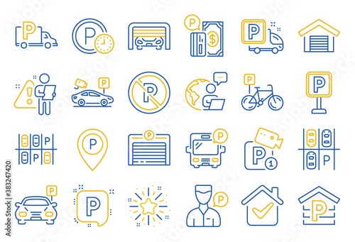 Parking line icons. Car garage, Valet servant and Paid transport parking icons. Video monitoring, Bike or Car park and Truck or Bus transport garage. Money payment, Map pointer and Free park. Vector