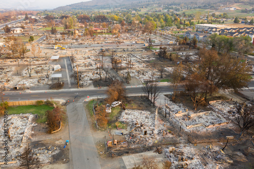 Aerial view of burned down houses from the 2020 Almeda wildfire in Southern Oregon, USA photo