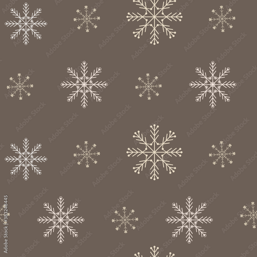 Seamless christmas vector illustration. Snowflakes on a brown background.