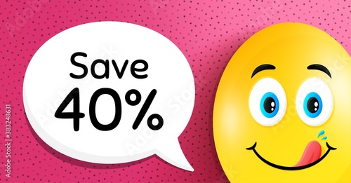 Save 40% off. Easter egg with yummy smile face. Sale Discount offer price sign. Special offer symbol. Easter smile character. Discount speech bubble. Yummy egg background. Vector
