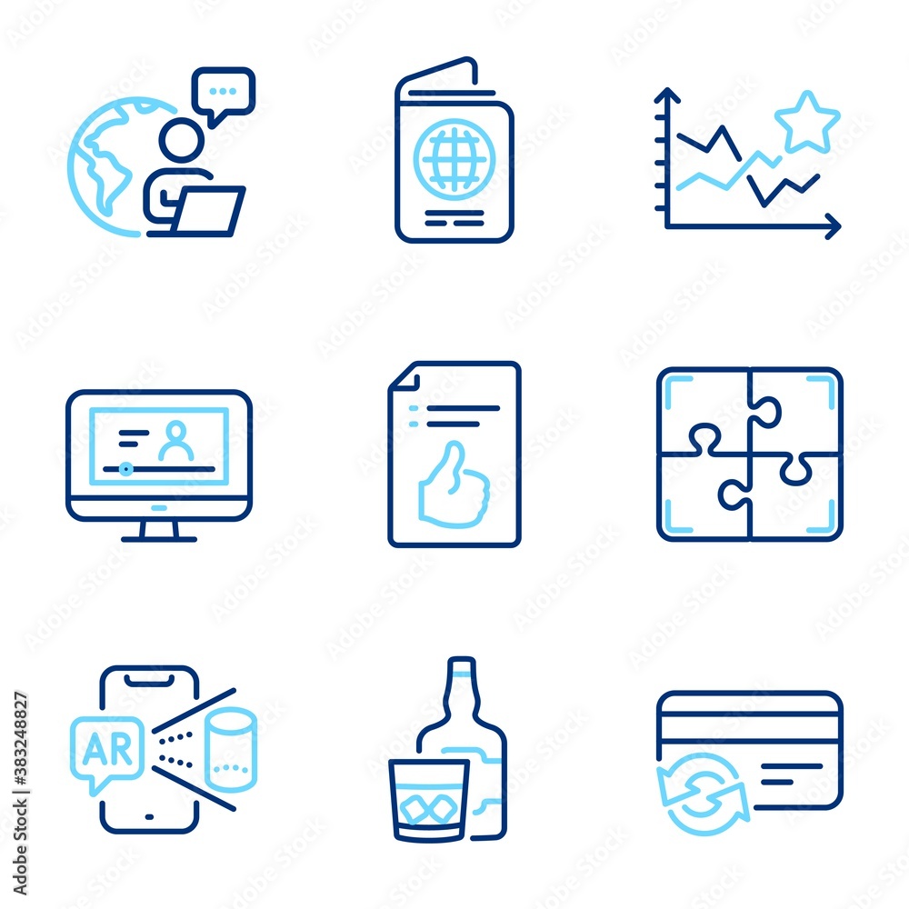 Business icons set. Included icon as Augmented reality, Puzzle, Ranking stars signs. Approved document, Passport, Whiskey glass symbols. Online video, Change card line icons. Line icons set. Vector Business icons set. Included icon as Augmented reality, Puzzle, Ranking stars signs. Approved document, Passport, Whiskey glass symbols. Online video, Change card line icons. Line icons set. Vector