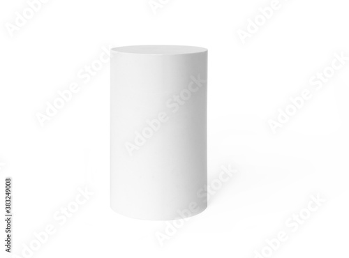 White podium mockup cylinder shape isolated on white background. Pedestal, stage or platform for product presentation with empty space for display photo