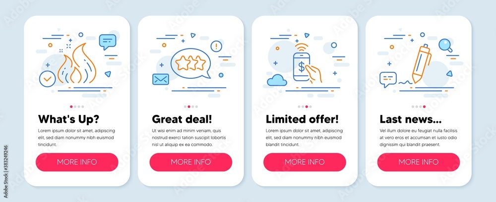 Set of Business icons, such as Phone payment, Stars, Fire energy symbols. Mobile screen mockup banners. Signature line icons. Mobile pay, Customer feedback, Flame. Written pen. Vector Set of Business icons, such as Phone payment, Stars, Fire energy symbols. Mobile screen mockup banners. Signature line icons. Mobile pay, Customer feedback, Flame. Written pen. Vector