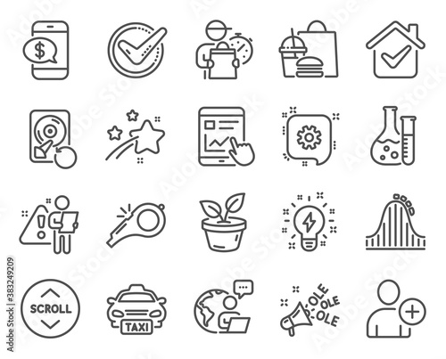 Business icons set. Included icon as Phone payment, Ole chant, Confirmed signs. Inspiration, Taxi, Add user symbols. Recovery hdd, Leaves, Whistle. Chemistry lab, Cogwheel, Roller coaster. Vector