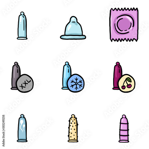 Vector Set of Color Doodle Condom Icons