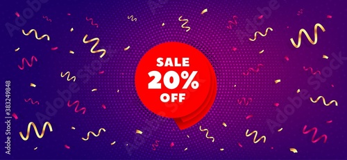 Sale 20% off banner. Festive confetti background with offer message. Discount sticker shape. Coupon bubble icon. Best advertising confetti banner. Sale 20% badge shape. Vector