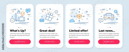 Set of Transportation icons, such as Baggage reclaim, Gift, Parcel delivery symbols. Mobile screen app banners. Car line icons. Check in bag, Marketing box, Logistics service. Transport. Vector