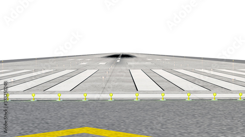 airport runway isolated on white background. Front perspective view of modern concrete runway threshold with accurate markings and lights. Design reference. 3d illustration