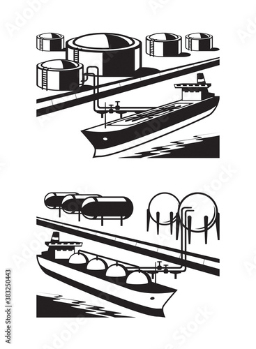 Tanker on petrol and gas terminal - vector illustration