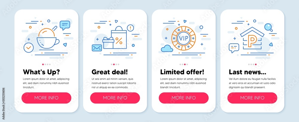 Set of Business icons, such as Ice cream, Shopping, Vip chip symbols. Mobile app mockup banners. Parking line icons. Coffee cup, Gifts and sales, Online casino. Garage. Ice cream icons. Vector