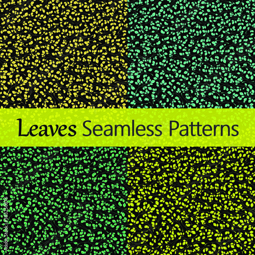 Set of 4 leaves patterns. Branches with leaves. Seamless Vector illustration. Stylish background with graphic leaves. Use for wallpaper, web design, surface textures, textile prints, wrapping, etc.