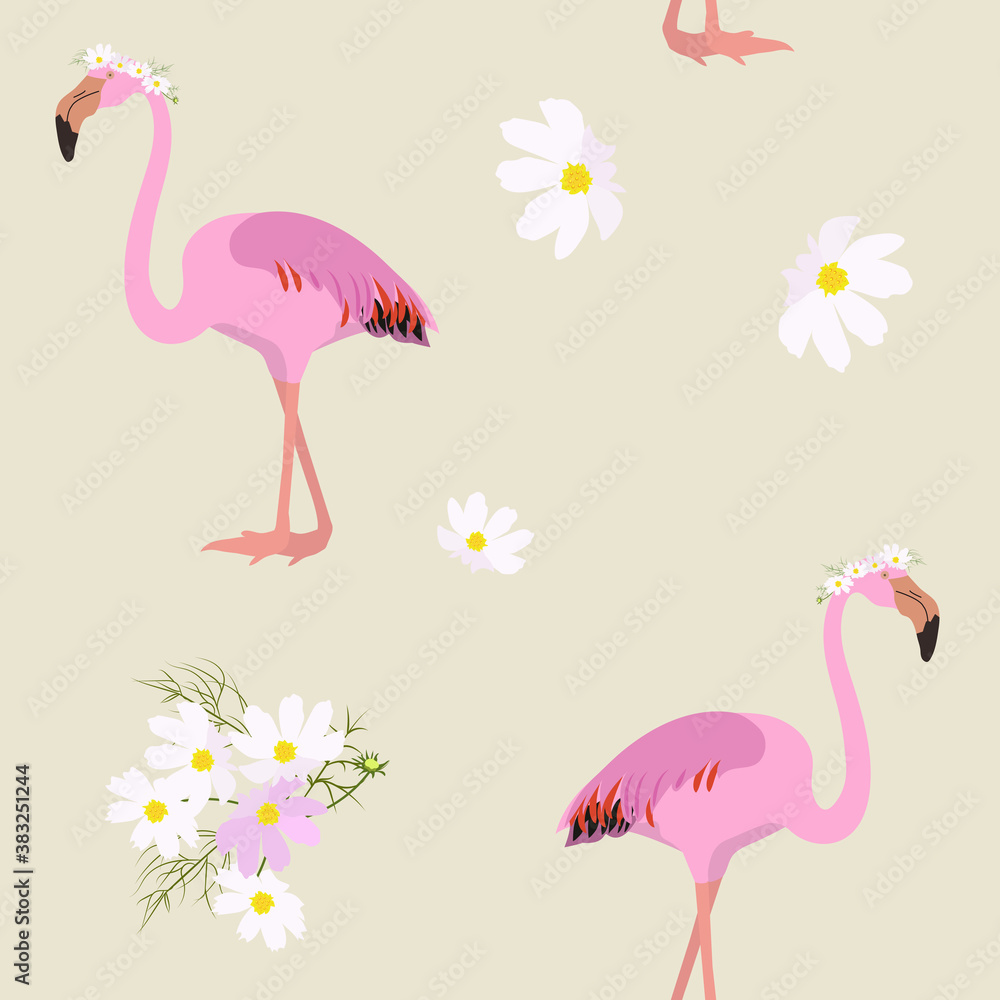 Obraz premium Seamless beautiful vector illustration with flamingos and flowers.