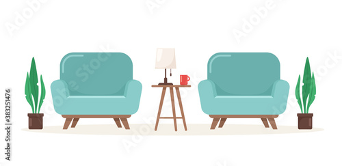 Two cute modern armchairs with a table and a lamp. Vector illustration in flat cartoon style.
