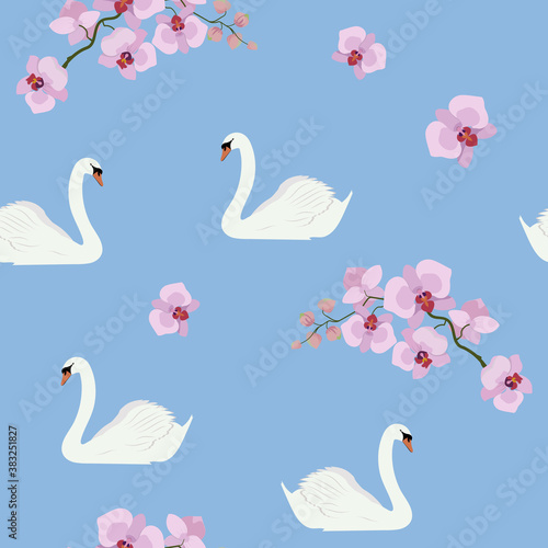 Seamless vector illustration with swans and orchids