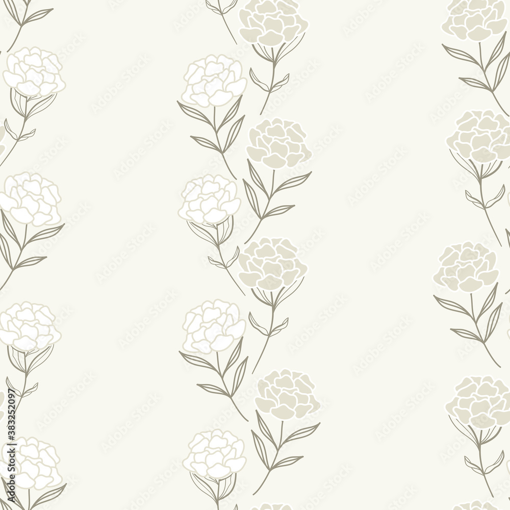 Fototapeta premium Vector Beautiful Peony Stripes in Light Creme seamless pattern background.